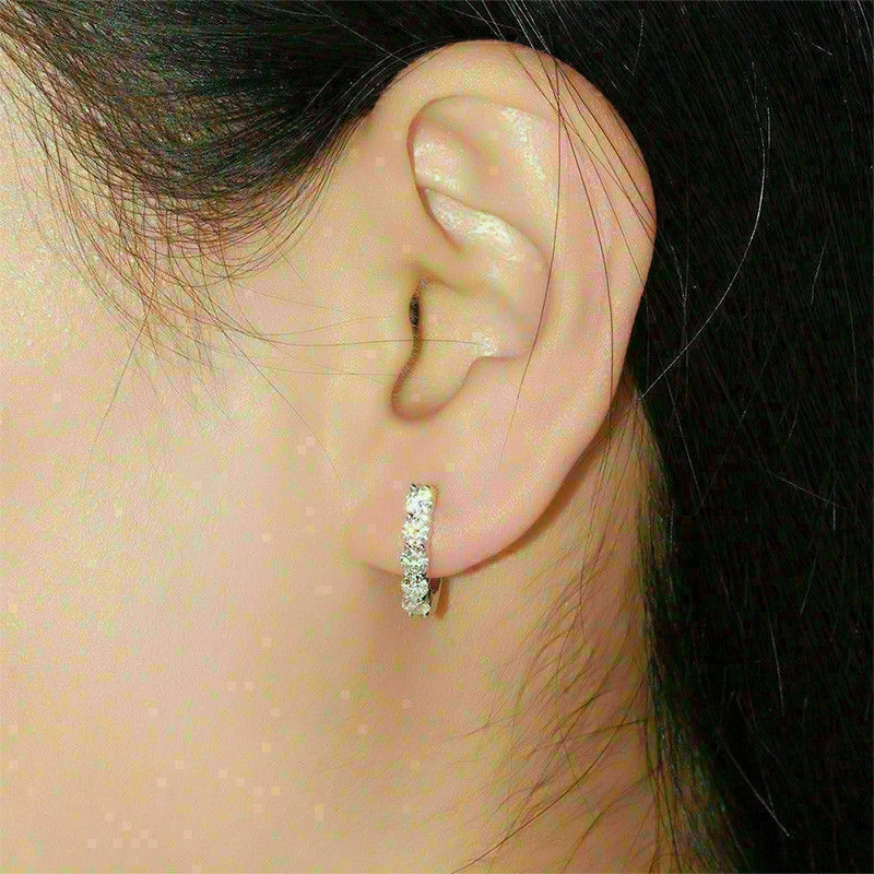 Lab Created 2.50Ct Round Cut Sapphire Huggie Hoop Earrings Solid 14k White Gold - Image 2 of 3