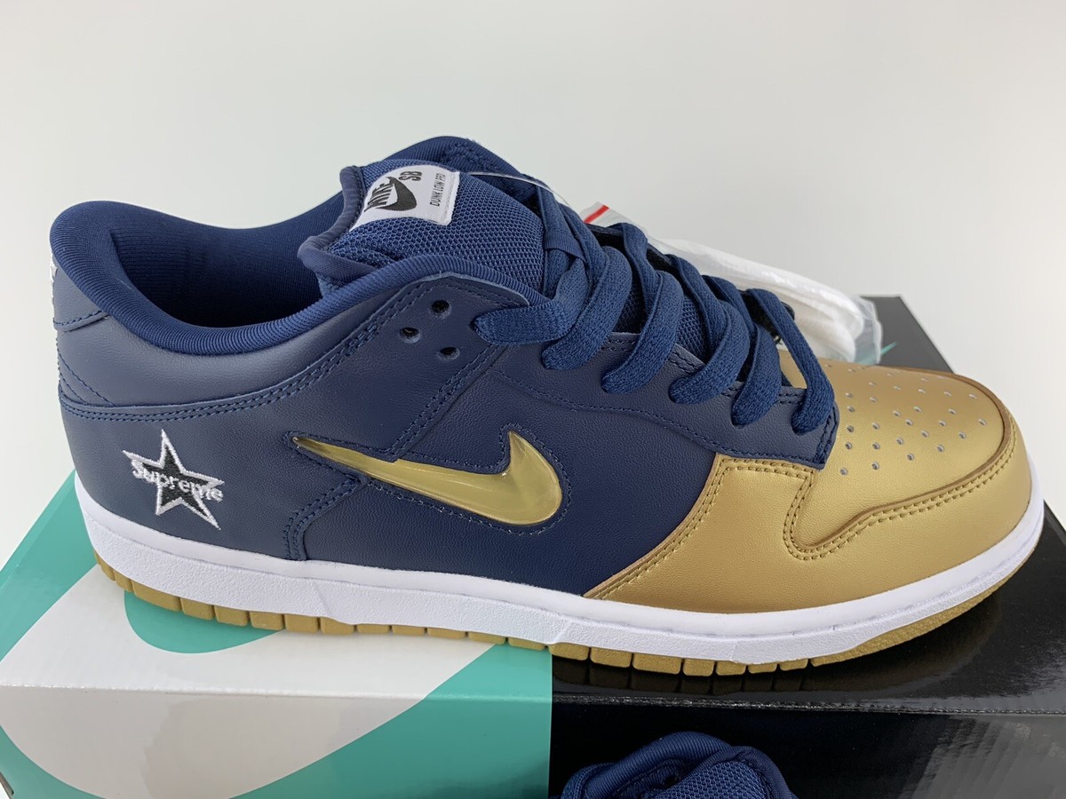 Supreme x Nike SB Dunk Low OG QS Men's Size 9.5 Navy Gold Jewel