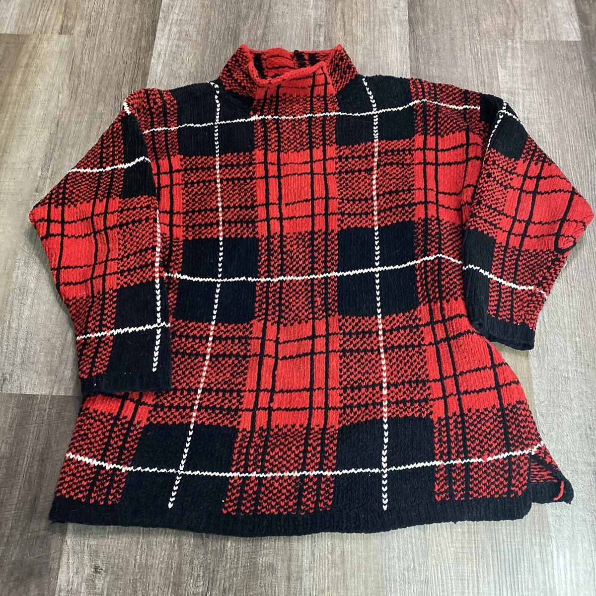 Vintage Lauren Ralph Lauren Womens Sweater Red Black White Plaid Heavy Mock Neck