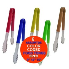 Serving Tongs Stainless Steel Kitchen Food Salad 6 Colour Code 3 Size 9" 12" 15"