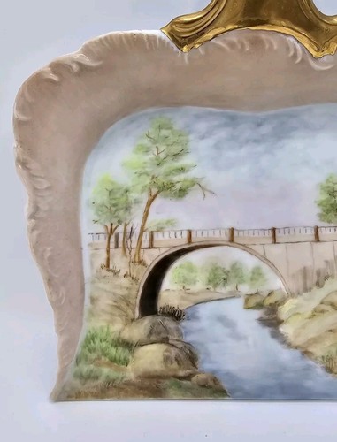 Porzellan Kehrschaufel Brücke und Bach roségold bemalt Künstler signiert antik - Bild 5 von 14