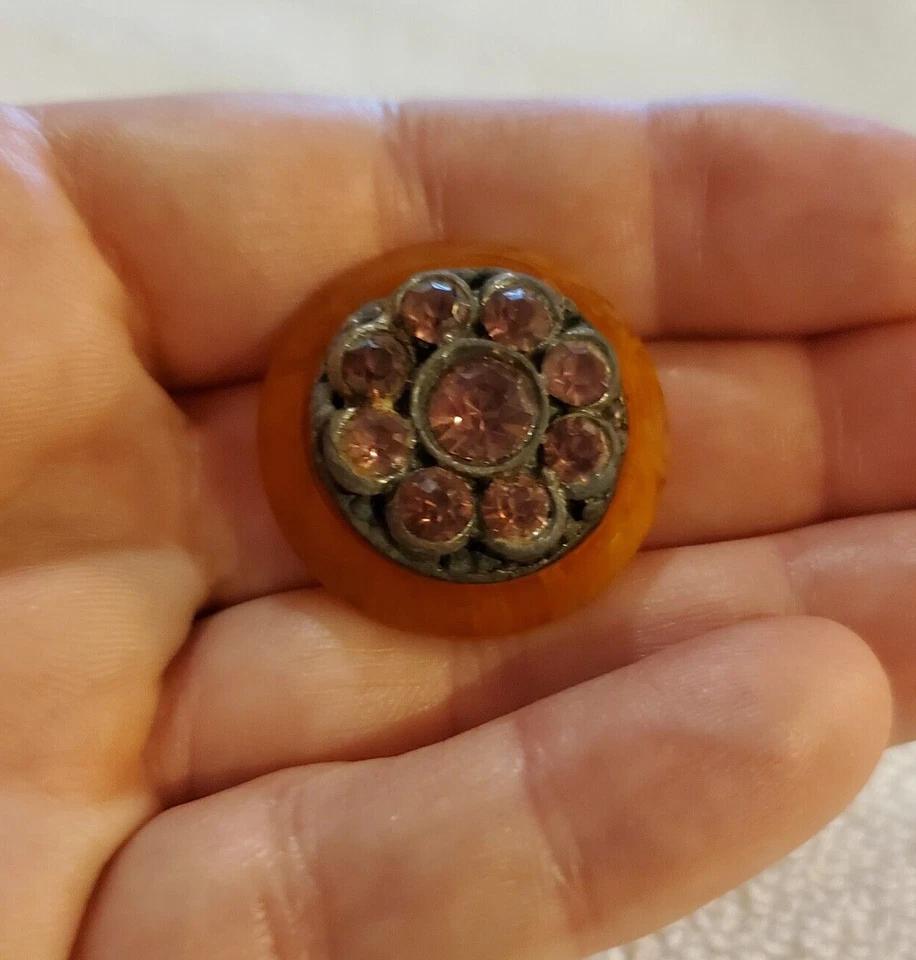 3 Vintage Bakelite & Rhinestone Buttons Marbled Butterscotch 1" Diameter - Image 4 of 4