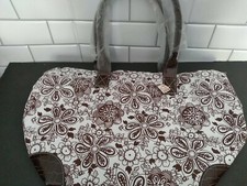 Canvas Tote Bag Brown White Flowers City Shopping Travel Beach E15