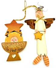 2 Rustic Primitive Wood Angel & Baby's 1st Noel Twine Metal Christmas Ornaments