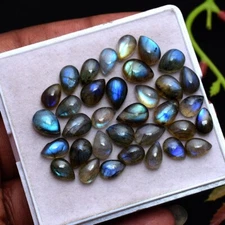 33 Pcs Natural Labradorite Blue Fire 8mm-10mm Pear Cabochon Loose Gemstones Lot
