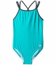199 Speedo Girls' Blue Stretch Scoop-Neck Cross-Back One-Piece Swimsuit Size 14