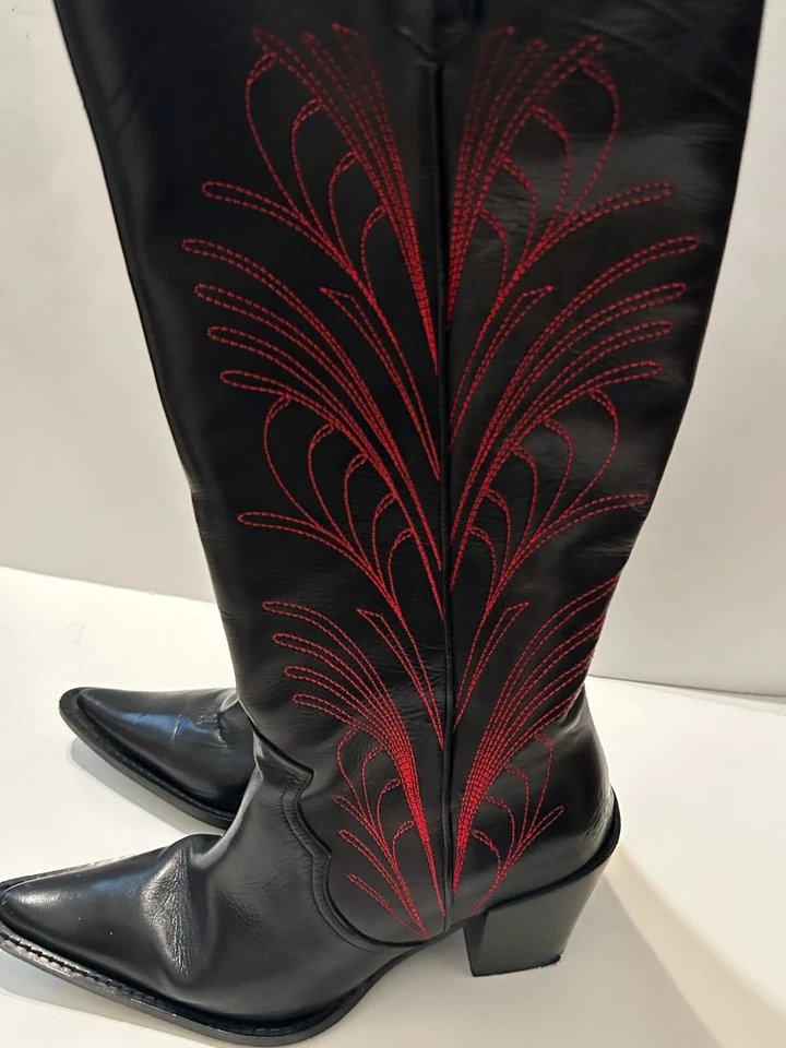 Botas de Vaquero John Fluevog Mujer Talla 10.5 Negras Anjelica Bordadas Tacón Alto Foto 3 de 4