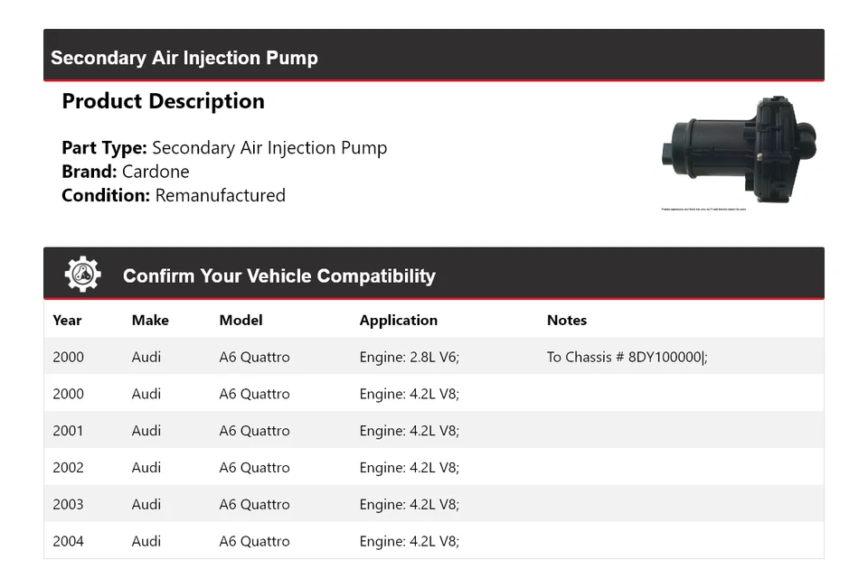 Bomba de inyección de aire secundaria Cardone 2001 2002 para Audi A6 Quattro 2000-2004 Foto 2 de 4
