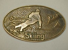 VINTAGE Belt Buckle Skiing Solid Brass 1980's