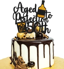 Aged To Perfection 50th Birthday Cake Topper - Wine 50th Birthday Black Glitt...
