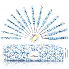 Crochet Hooks Set with Case 14 Size Blue Butterfly Flower Pattern for