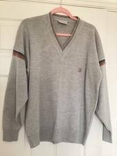 Vintage Pierre Sangan Grey V-Neck Striped Jumper Wool Blend Made in Jersey XL