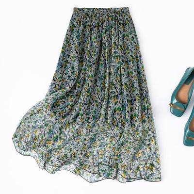100% Mulberry Silk Double Layer Green Floral Printed Women Skirt Summer M1538