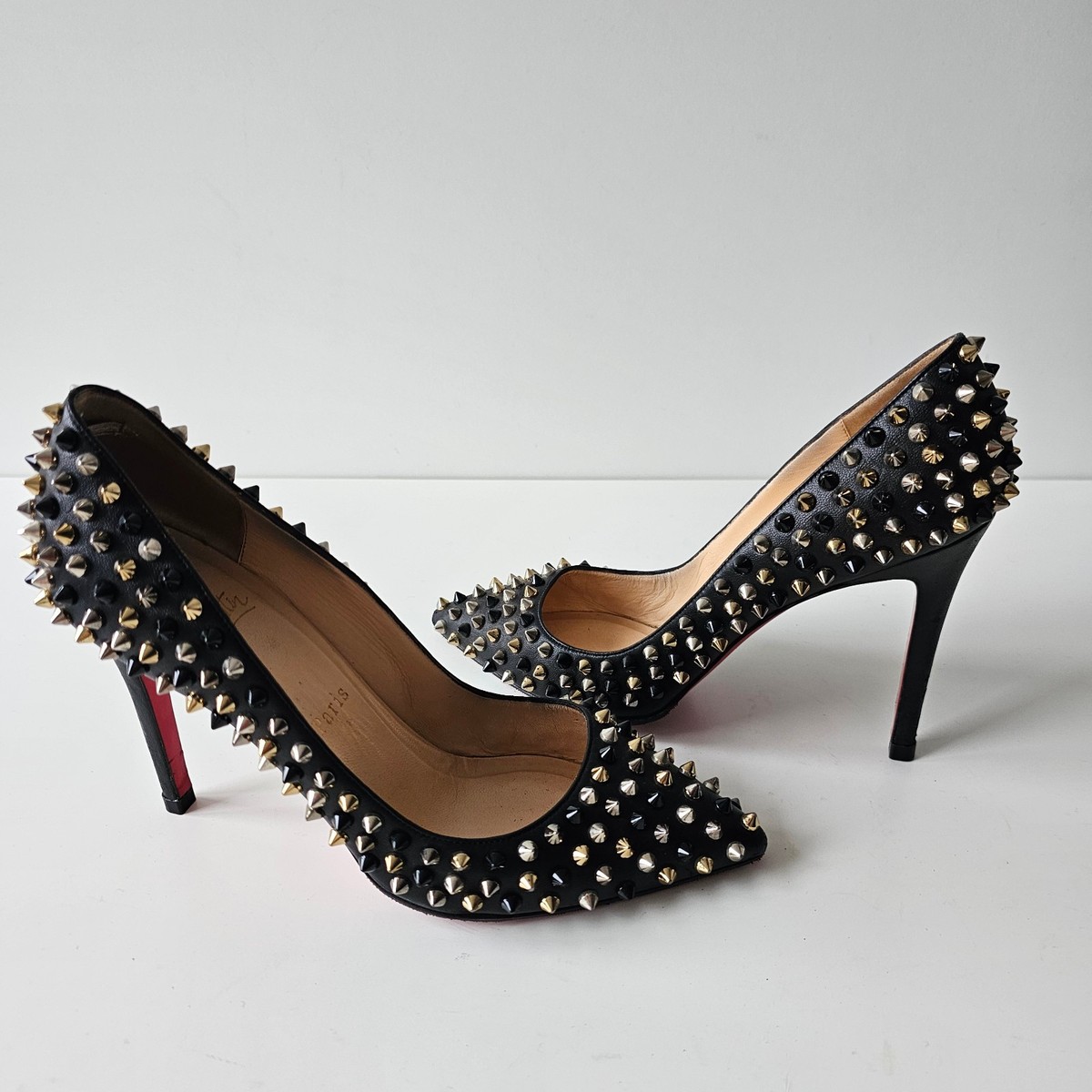 Christian Louboutin Pigalle Spikes 100 Black Leather Pumps 38.5 So