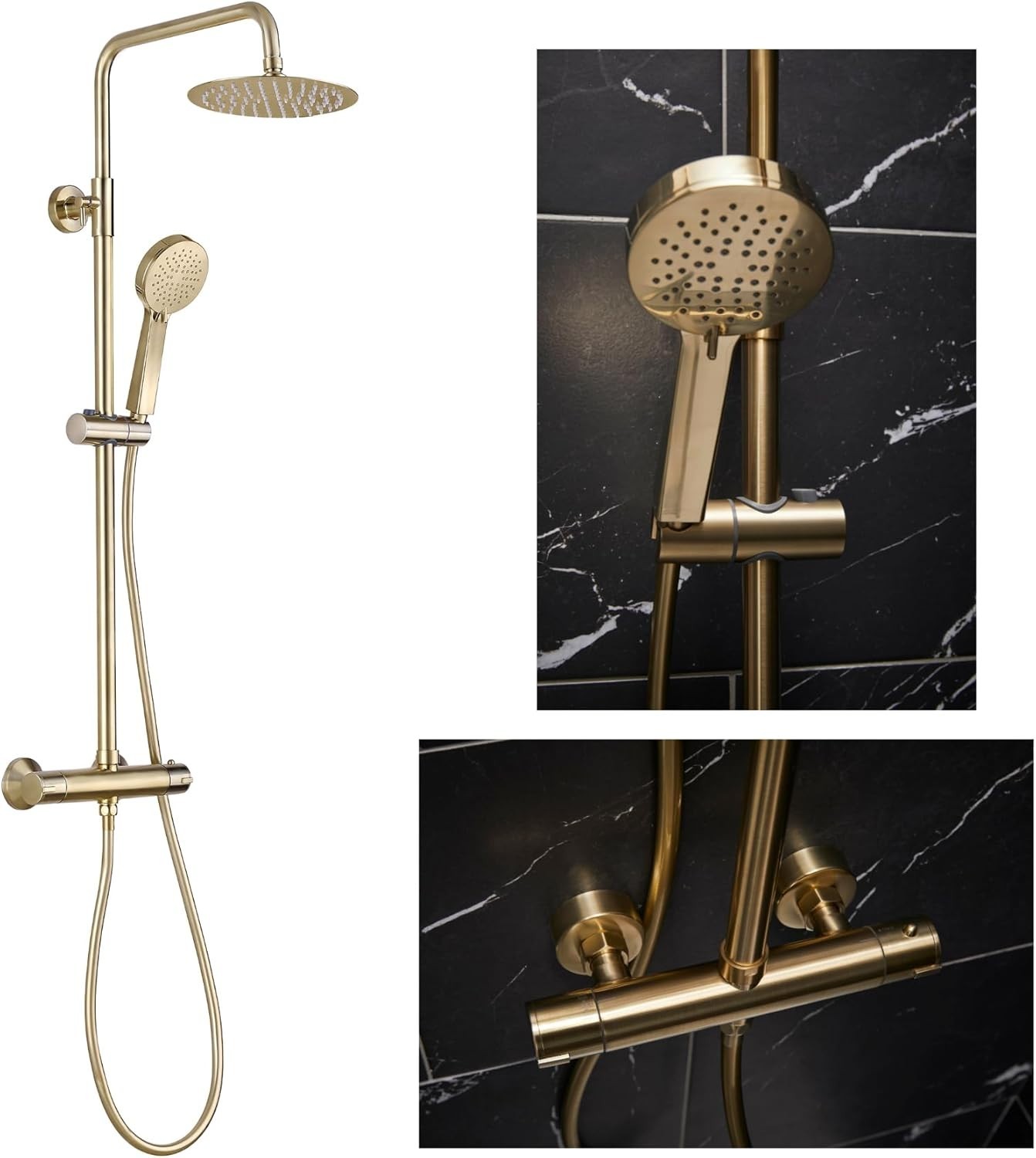 Thermostatic Shower Mixer with 200mm Rainfall Head & Handset, Brushed Brass