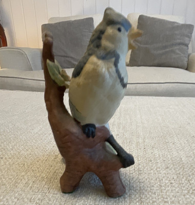 Blue Jay Bird Porcelain Figurine on Branch Decorative Collectible Sculpture