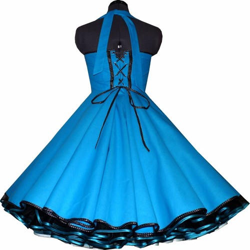 Tanzkleid türkis mit Punkteband schwarz weiße Punkte zum Petticoat Jugendweihe - Bild 5 von 5