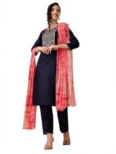 Women's Cotton Blend Embroidered Kurta Pant with Dupatta Set