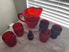 vintage Viking Georgian ruby red glass pitcher and tumblers set