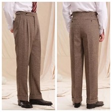 Vintage Herringbone Man Pants Double Pleats Men High Waist Dress Trousers