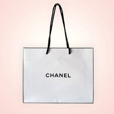 10” CHANEL White & Black Paper Bag Classic Black Logo Slim Designer Shopping Bag
