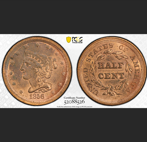 1856 PCGS MS63RB 40K Minted! $2,250 PCGS PG MS64RB! Mostly RED Braided Half Cent