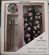 Velvet Caviar Rose Floral Phone Accessory Set Travel Bag, Grip, Bracelet
