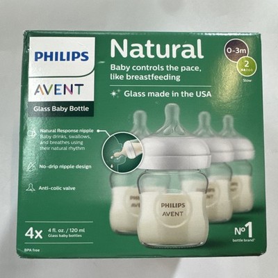 Philips Avent Natural Glass Baby Bottles, Slow Flow, 4 oz, BPA-Free, 4-Pack