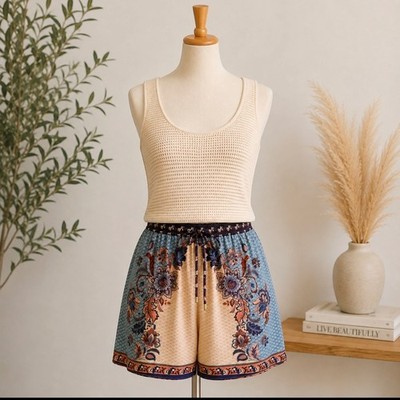 House of Harlow 1960 Beige Knit Tank Top w Blue Floral Print Shorts Set Size M