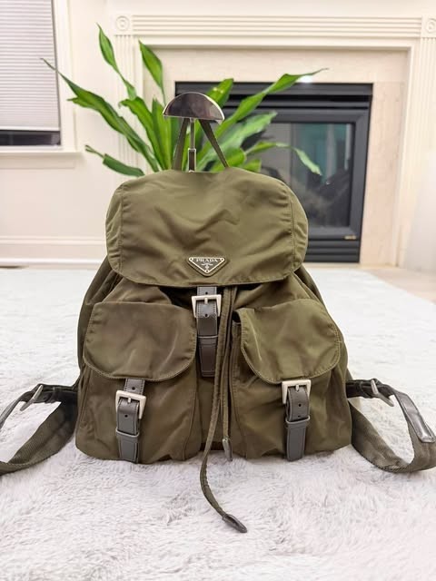 Prada Vela Nylon Backpack Olive Green Leather Trim Drawstring Italy Bag Authenti