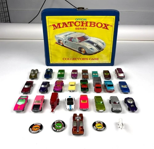 Lot of 25 Vintage Matchbox Whizwheels Hot Wheels Aurora Corgi Cars Case & 3 Pins