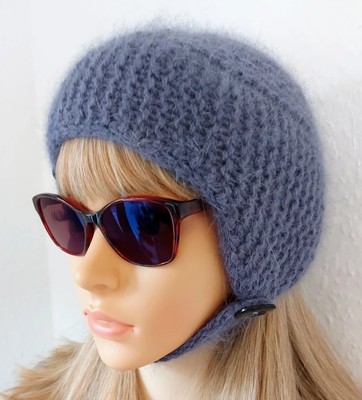 Aviator Bonnet, Hand knitted Fluffy Angora hat, Knitted Wool Hat, Beanie Hat's