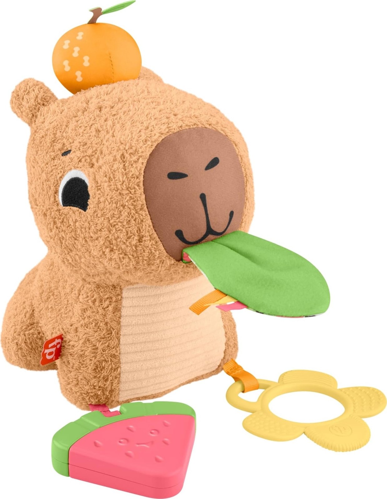 Fisher-Price Baby Sensory Toy Snuggly Snacky Capybara Plush with Newborn Teether