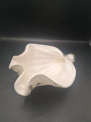 Vintage Murano Barbini Art Glass Shell Bowl Gold Flecks White Gold Candy Dish