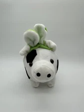 HugFun Plush Soccer Pig With Green Bunny Ears Stuffed Animal Toy 7” Black White
