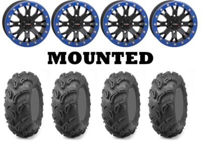 Kit 4 Maxxis Zilla Tires 27x10-14 on System 3 SB-4 Beadlock Matte Black Blue CAN