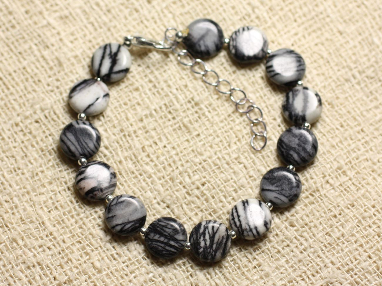 Bracelet jaspe zèbre palets 10mm et argent 925 à offrir comme cadeau d'anniversaire original