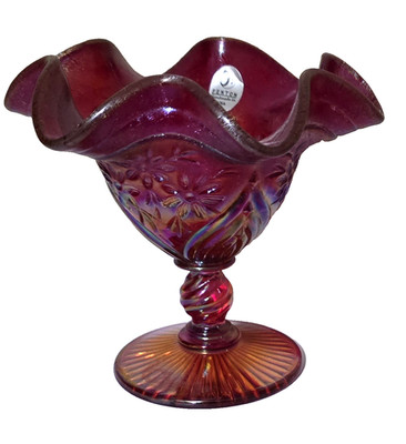 Fenton Pedestal Bowl Ruby Red Amberina Iridescent Stretch Glass Cadmium Glow