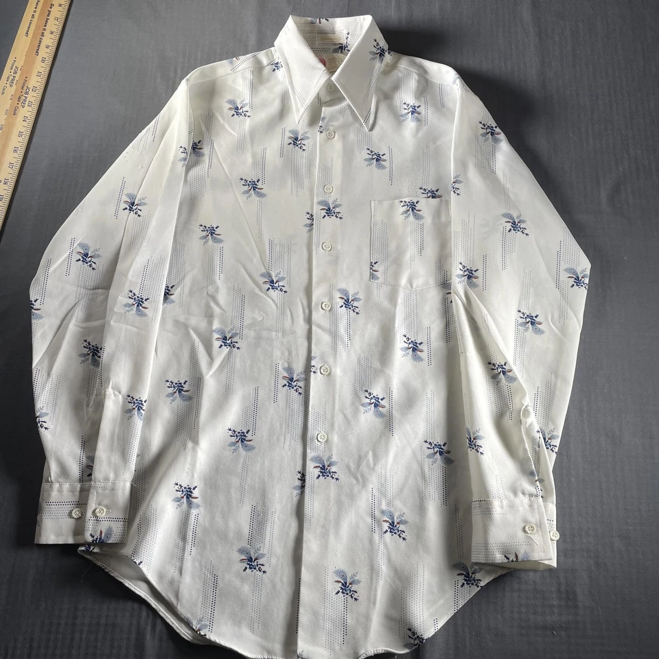 Vintage Sears Kings Road Shirt Mens Medium Tall White Floral Polyester 70s - Image 4 of 4