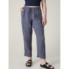 ATHLETA Retreat Linen Ankle Pants Sm Raining Violet Blue Stripe Elastic Waist