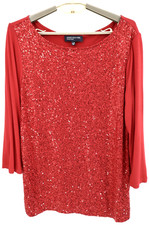 JONES NEW YORK Women's Viscose Blouse 3/4 Sleeve Sequined Deep Red Size XL