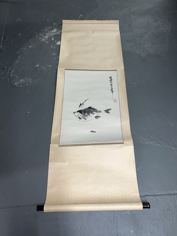 Hanging Scroll 3 Koi Fish Swimming by Qi Baishi Antique