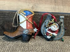 Western Cowboy Country Christmas Ornaments Lot of 2 Boot Horseshoe Santa Cowboy
