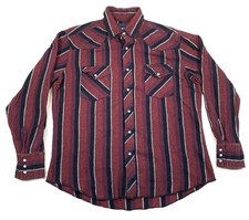 Vintage Wrangler Mens Large Red Black Striped Pearl Snap Western Shirt Cowboy