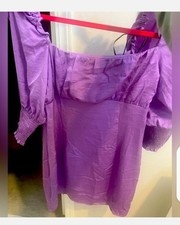 Purple Puff 3/4 Sleeve Mini Dress with Smocked Tie Back and Square Neck NWT