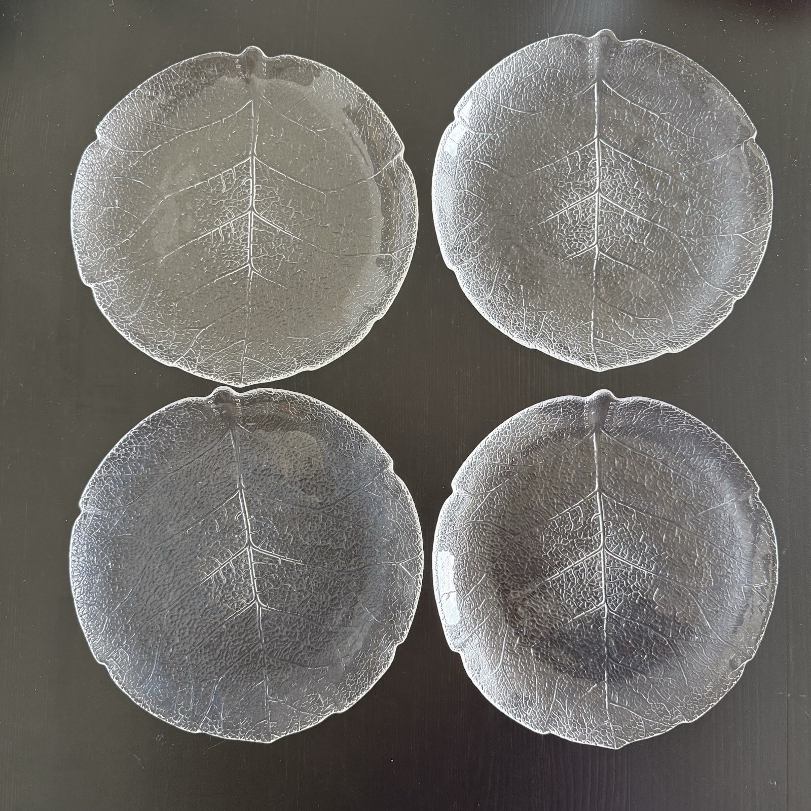 Set 4 Vintage Arcoroc Aspen Leaf Clear Glass Appetizer Salad Plates France 7.5