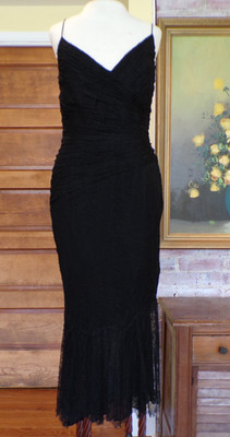 Vintage Carmen Marc Valvo Black Lace Spaghetti Strap Silk Lining Dress Size 6