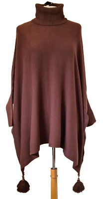 QED Soft Knit Poncho Jumper Roll Neck Pom Poms Brown One Size New with Tag