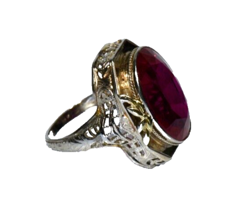 Vintage Art Deco  SOLID  14k Gold  Ladies  Lab Created  Ruby   Cocktail Ring - Picture 1 of 12