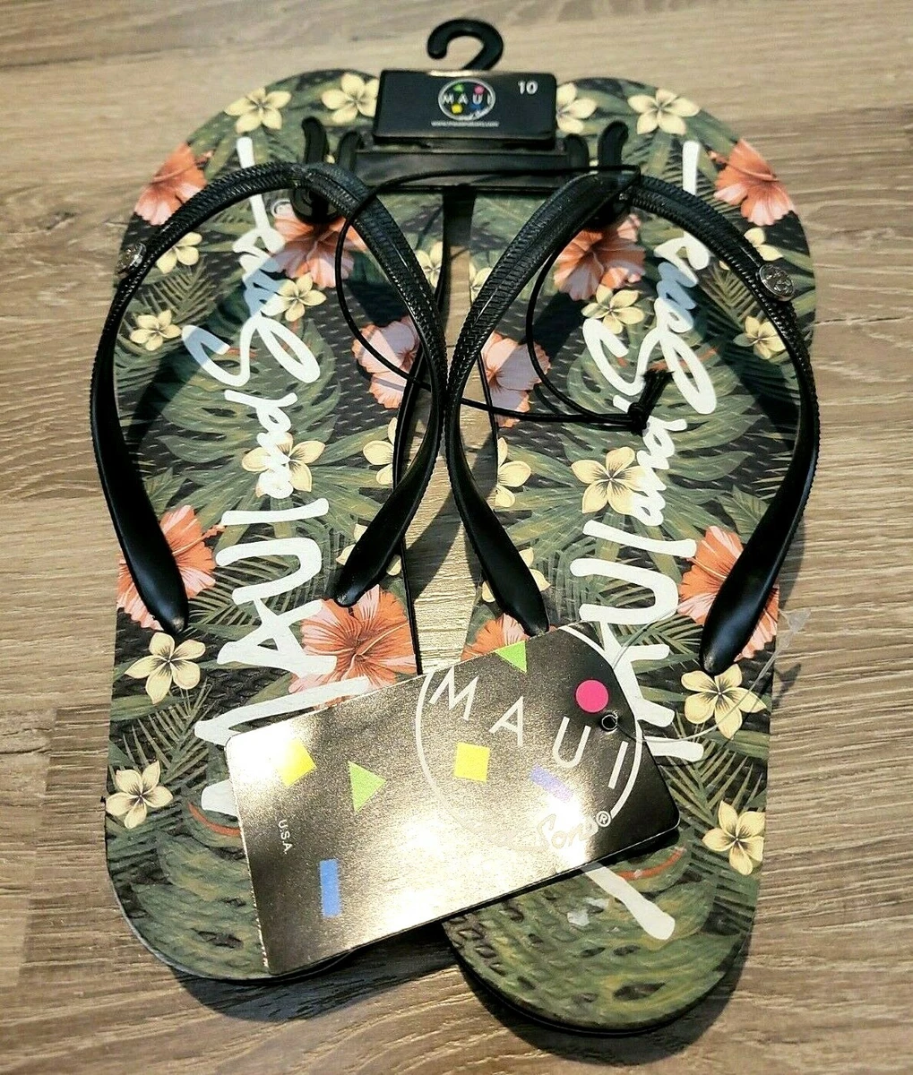 New Maui Sons Black Tropical Floral Sandals Flip Flops Thongs